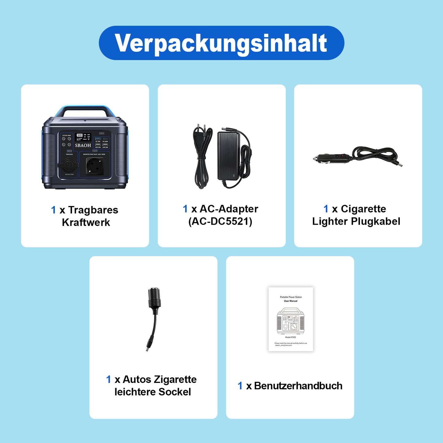 SBAOH Portable Power Station 300W (mit Lader) – Solar Generator 296Wh (80.000mAh) | Tragbare Powerbank & Notstromversorgung