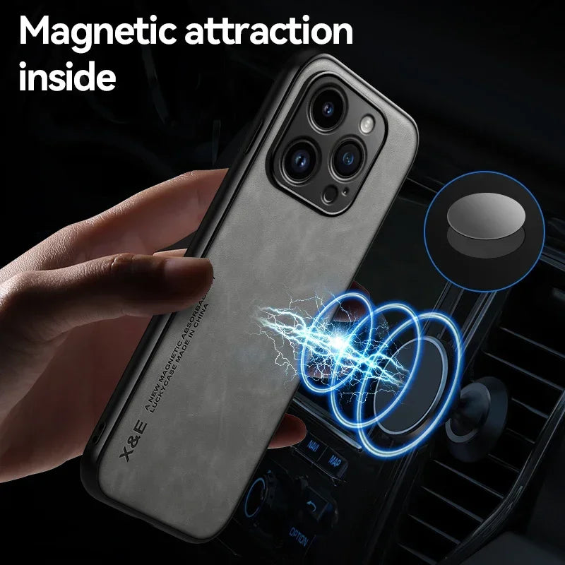 Luxury Lederhülle für iPhone  13–17 Pro Max/Plus/Mini/SE – Premium Case mit Metallplatte für Kfz-Halterung