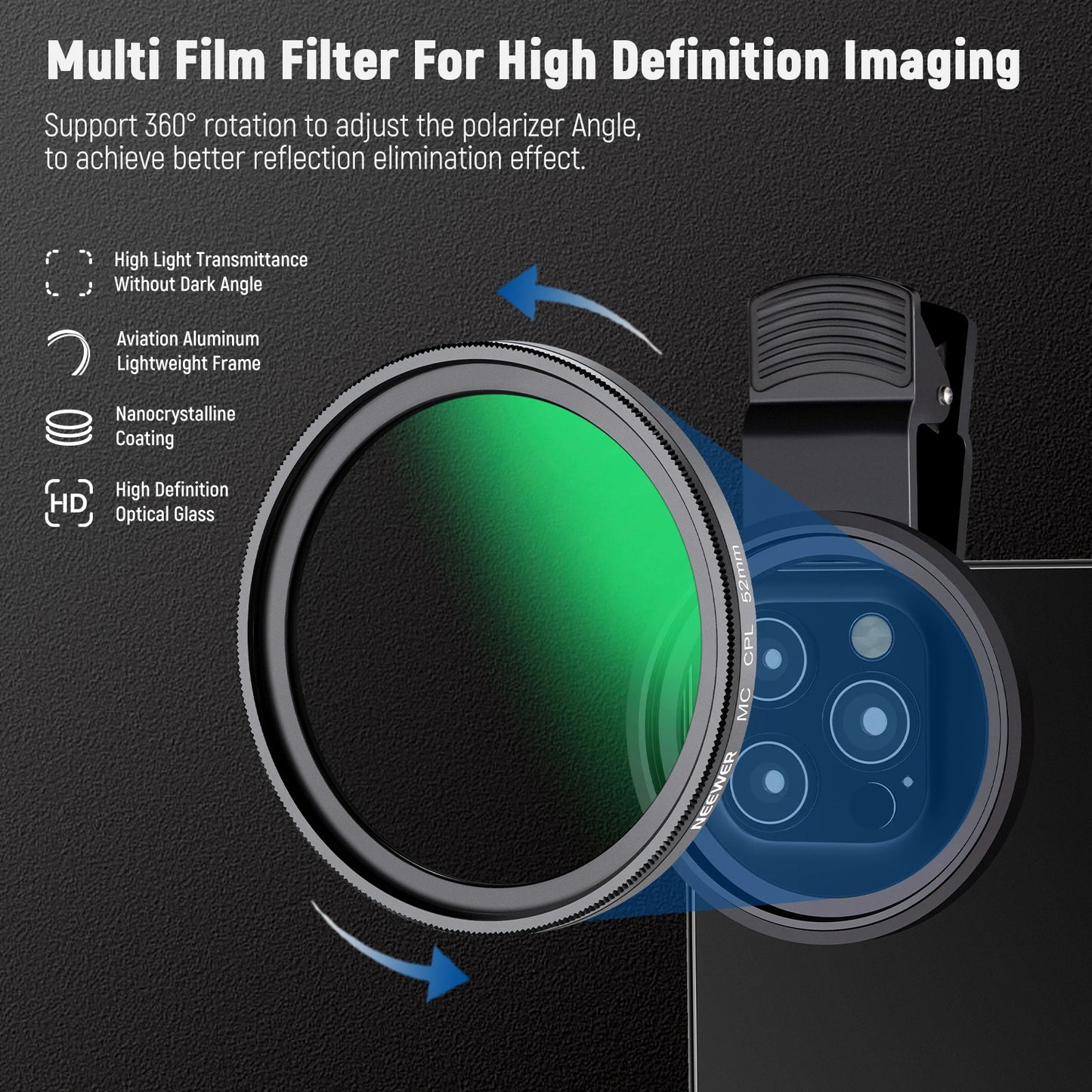 NEEWER 52mm CPL Filter für Smartphone – Clip-On Circular Polarizing Lens für iPhone, Samsung & Android Kameras