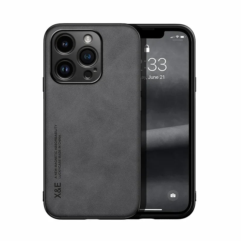 Luxury Lederhülle für iPhone  13–17 Pro Max/Plus/Mini/SE – Premium Case mit Metallplatte für Kfz-Halterung