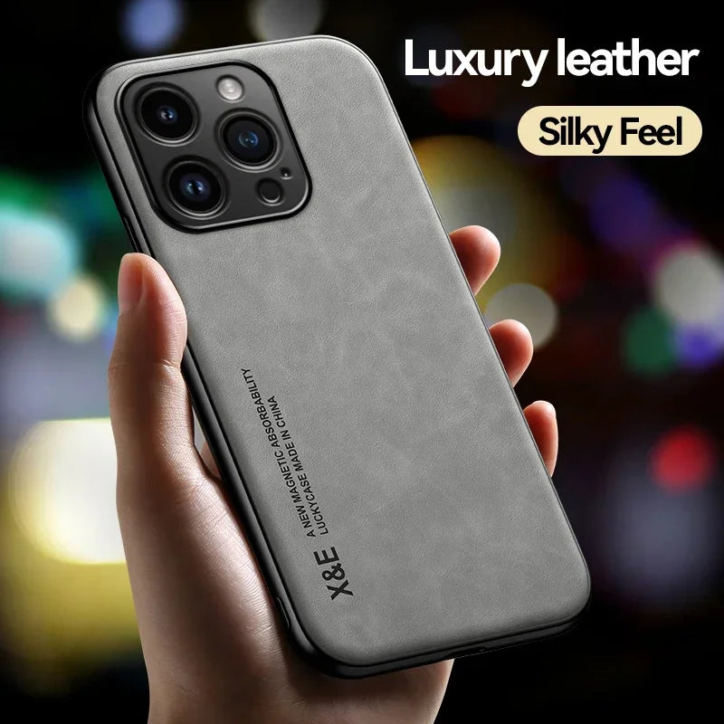 Luxury Lederhülle für iPhone  13–17 Pro Max/Plus/Mini/SE – Premium Case mit Metallplatte für Kfz-Halterung