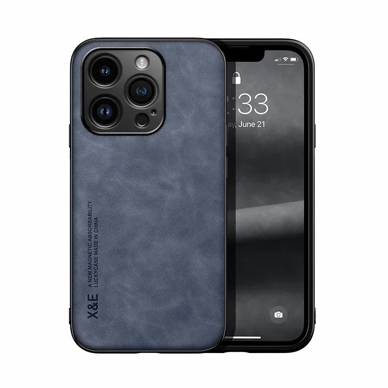Luxury Lederhülle für iPhone  13–17 Pro Max/Plus/Mini/SE – Premium Case mit Metallplatte für Kfz-Halterung