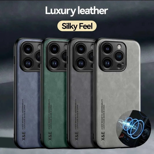 Luxury Lederhülle für iPhone  13–17 Pro Max/Plus/Mini/SE – Premium Case mit Metallplatte für Kfz-Halterung