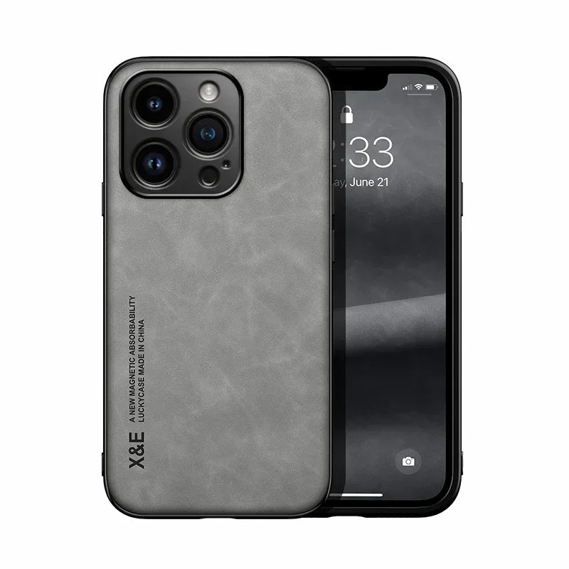 Luxury Lederhülle für iPhone  13–17 Pro Max/Plus/Mini/SE – Premium Case mit Metallplatte für Kfz-Halterung
