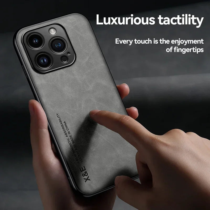 Luxury Lederhülle für iPhone  13–17 Pro Max/Plus/Mini/SE – Premium Case mit Metallplatte für Kfz-Halterung