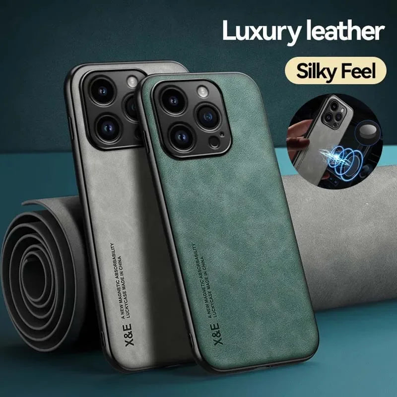 Luxury Lederhülle für iPhone  13–17 Pro Max/Plus/Mini/SE – Premium Case mit Metallplatte für Kfz-Halterung