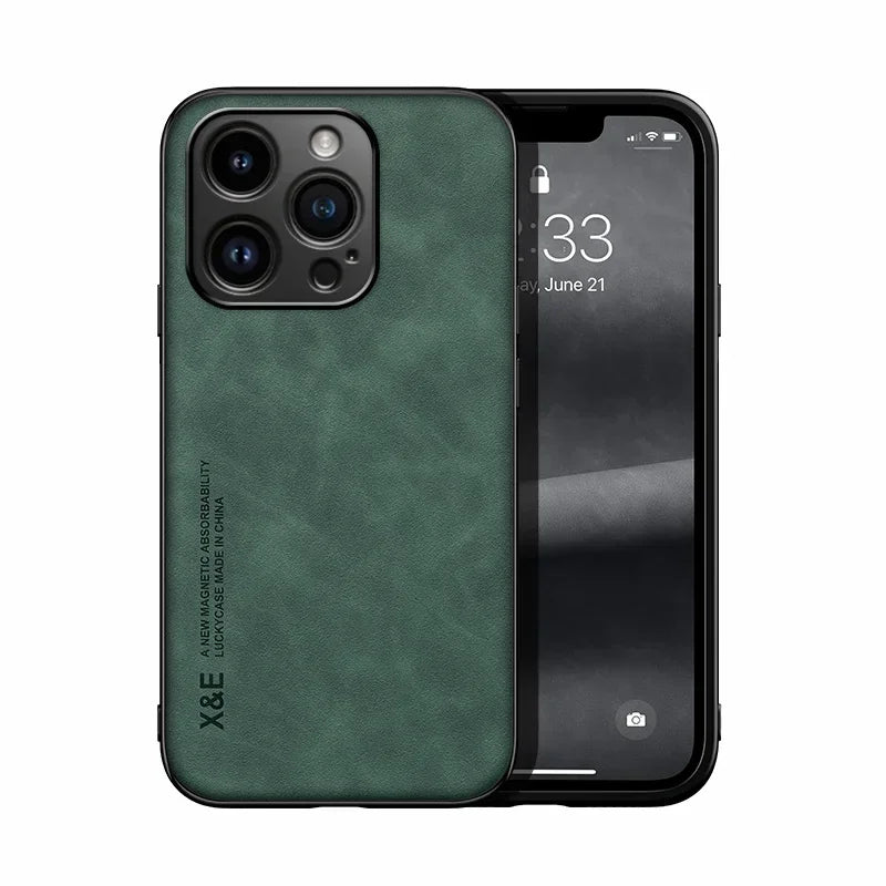Luxury Lederhülle für iPhone  13–17 Pro Max/Plus/Mini/SE – Premium Case mit Metallplatte für Kfz-Halterung