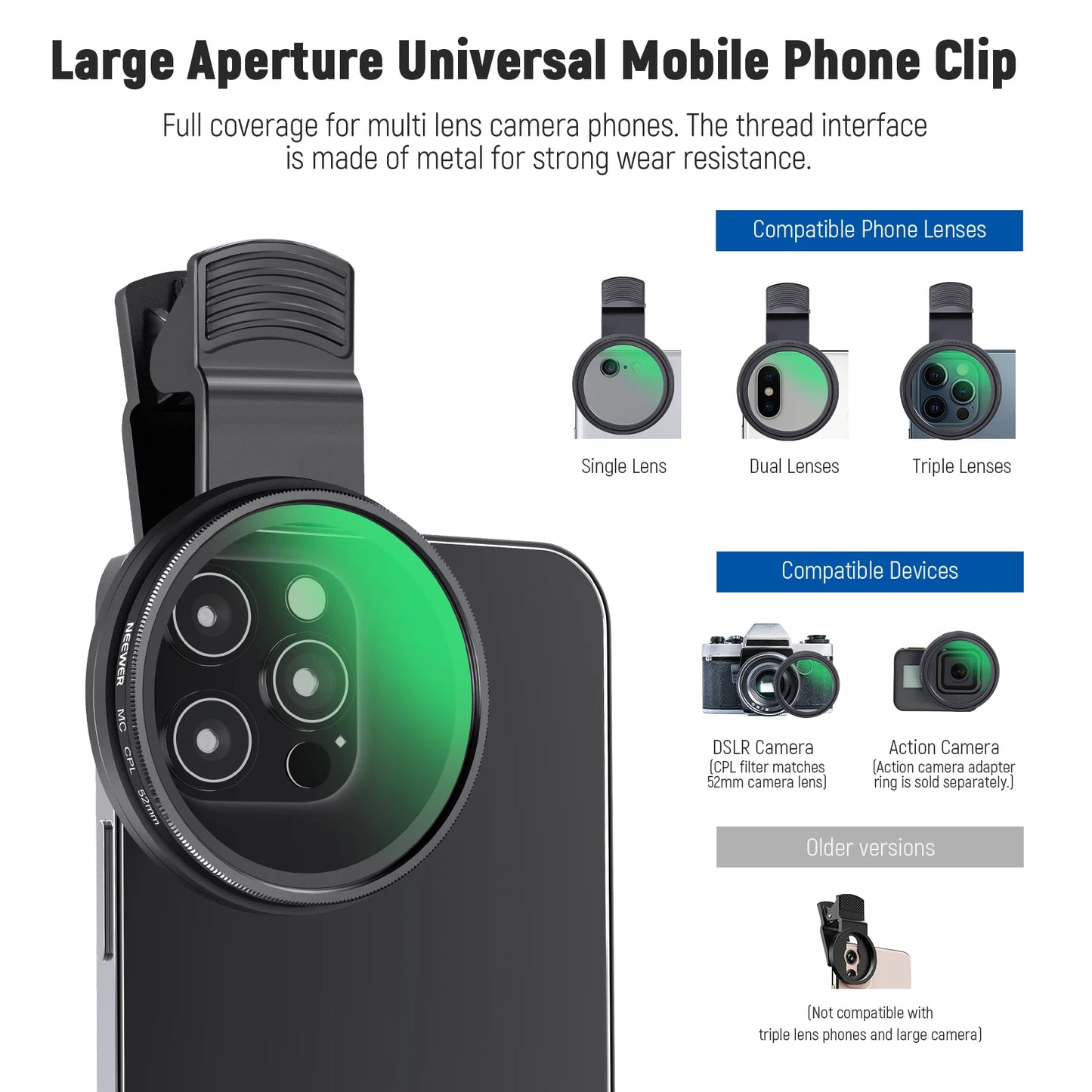 NEEWER 52mm CPL Filter für Smartphone – Clip-On Circular Polarizing Lens für iPhone, Samsung & Android Kameras